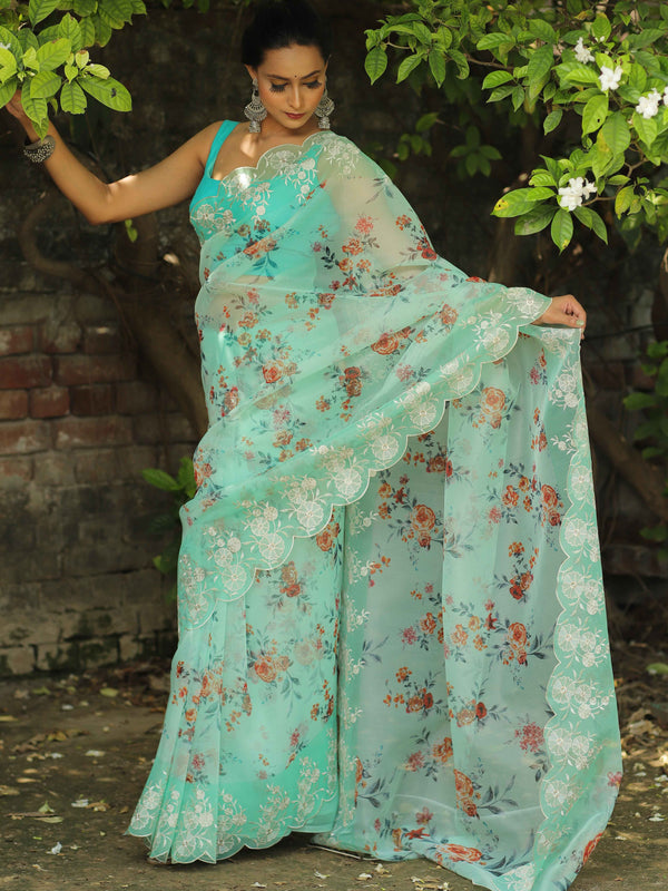 Banarasee Organza Silk Embroidered Saree With Digital Floral Print-Green