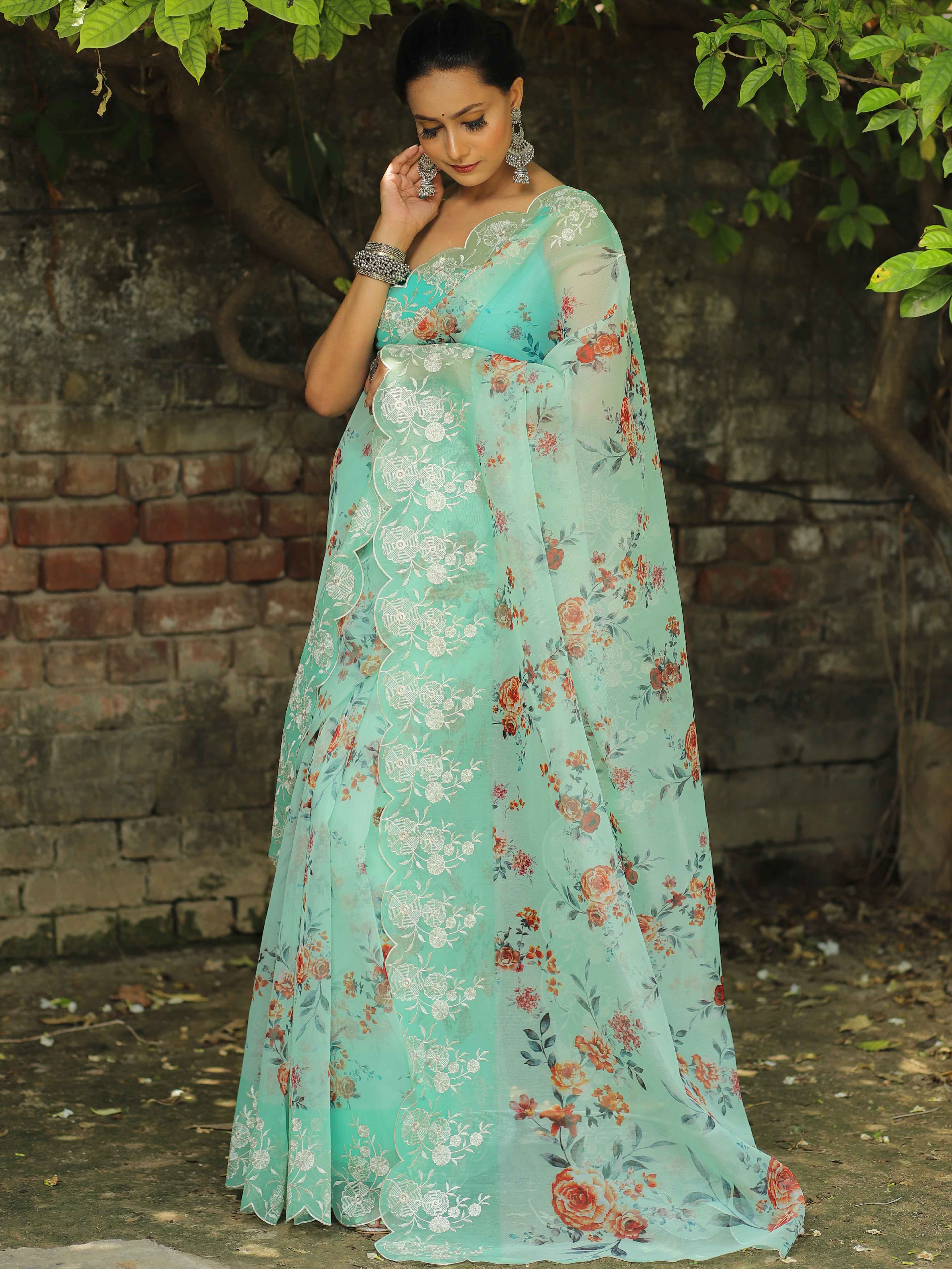 Banarasee Organza Silk Embroidered Saree With Digital Floral Print-Green