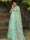 Banarasee Organza Silk Embroidered Saree With Digital Floral Print-Green