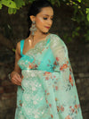 Banarasee Organza Silk Embroidered Saree With Digital Floral Print-Green