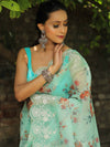 Banarasee Organza Silk Embroidered Saree With Digital Floral Print-Green