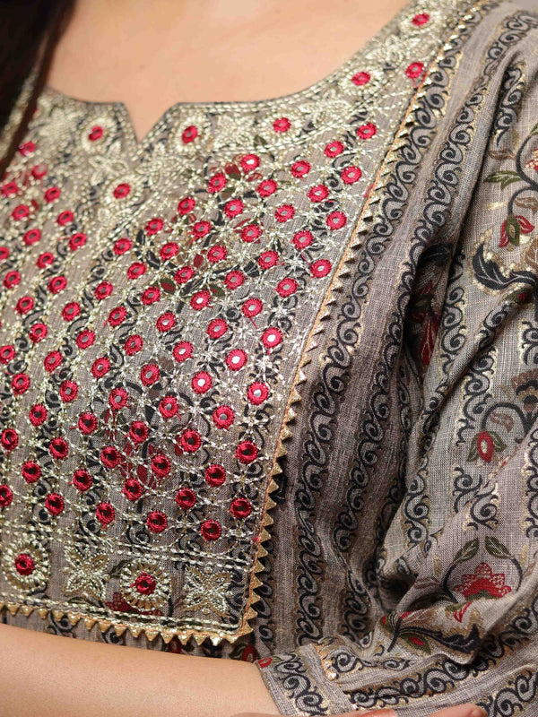 Banarasee Cotton Mix Printed Kurta With Pants-Grey