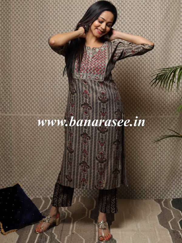 Banarasee Cotton Mix Printed Kurta With Pants-Grey