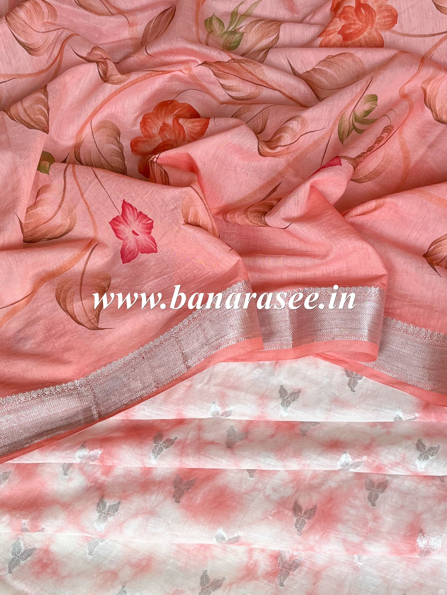 Banarasee Silver Zari Shibori Dyed Chanderi Salwar Kameez With Hand-Painted Dupatta-White & Peach