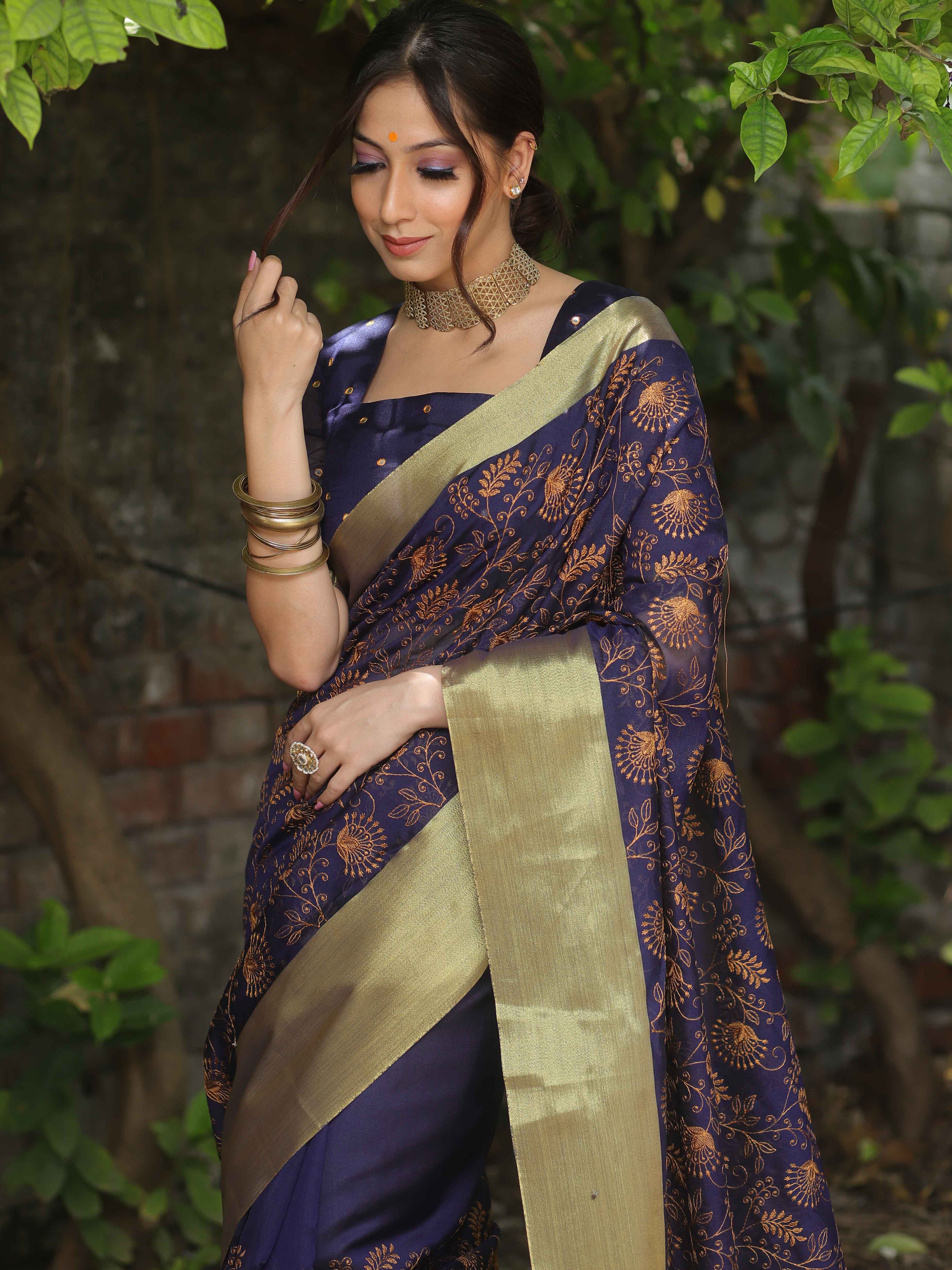 Banarasee Chanderi Cotton Floral Embroidered Saree-Blue