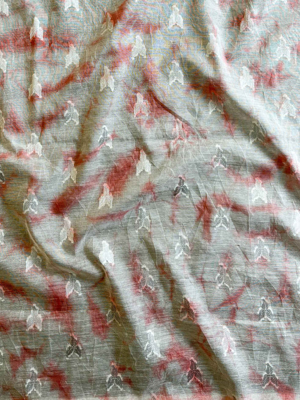 Banarasee Silver Zari Shibori Dyed Chanderi Salwar Kameez With Hand-Painted Dupatta-White & Peach