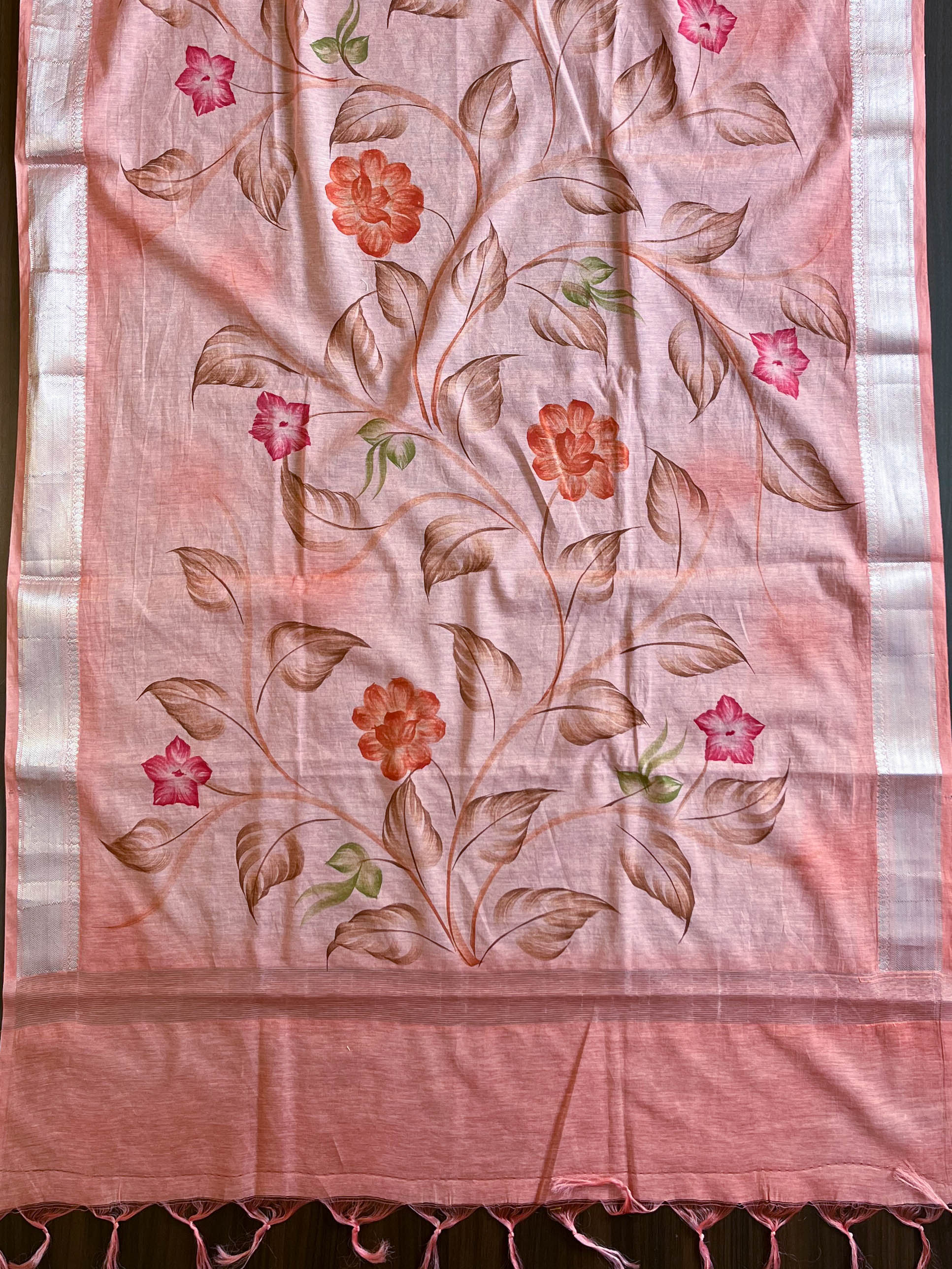 Banarasee Silver Zari Shibori Dyed Chanderi Salwar Kameez With Hand-Painted Dupatta-White & Peach