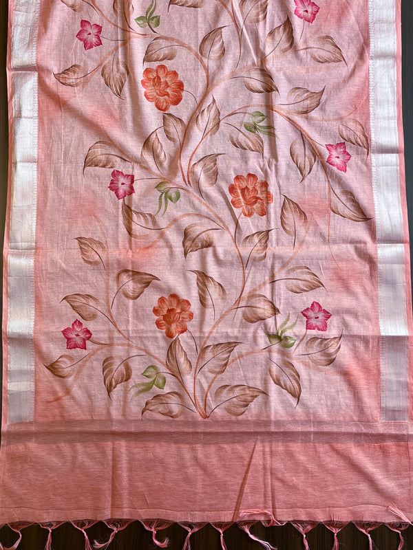 Banarasee Silver Zari Shibori Dyed Chanderi Salwar Kameez With Hand-Painted Dupatta-White & Peach