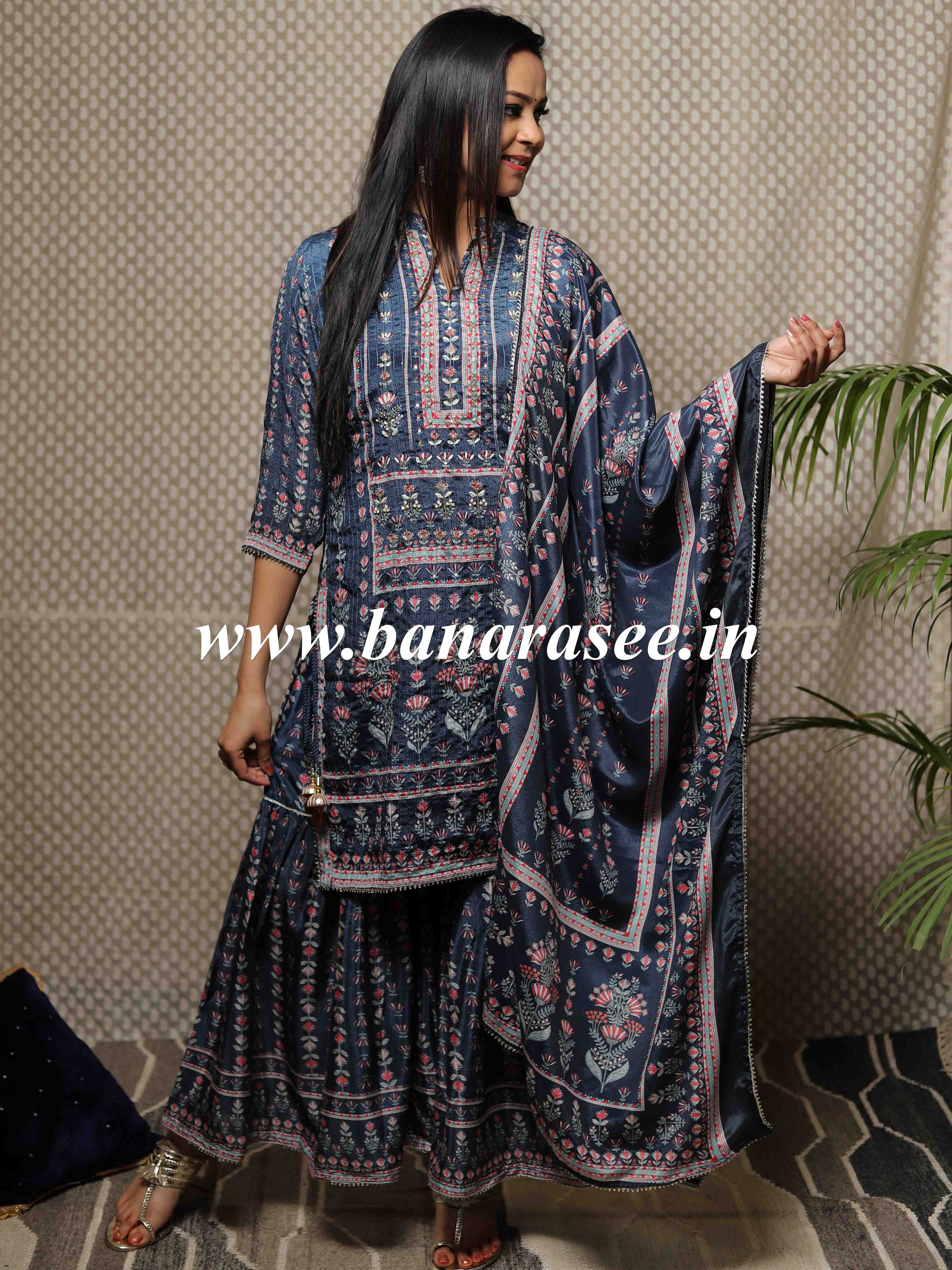 Banarasee Floral Printed Sequinned Kurta With Sharara & Dupatta-Blue