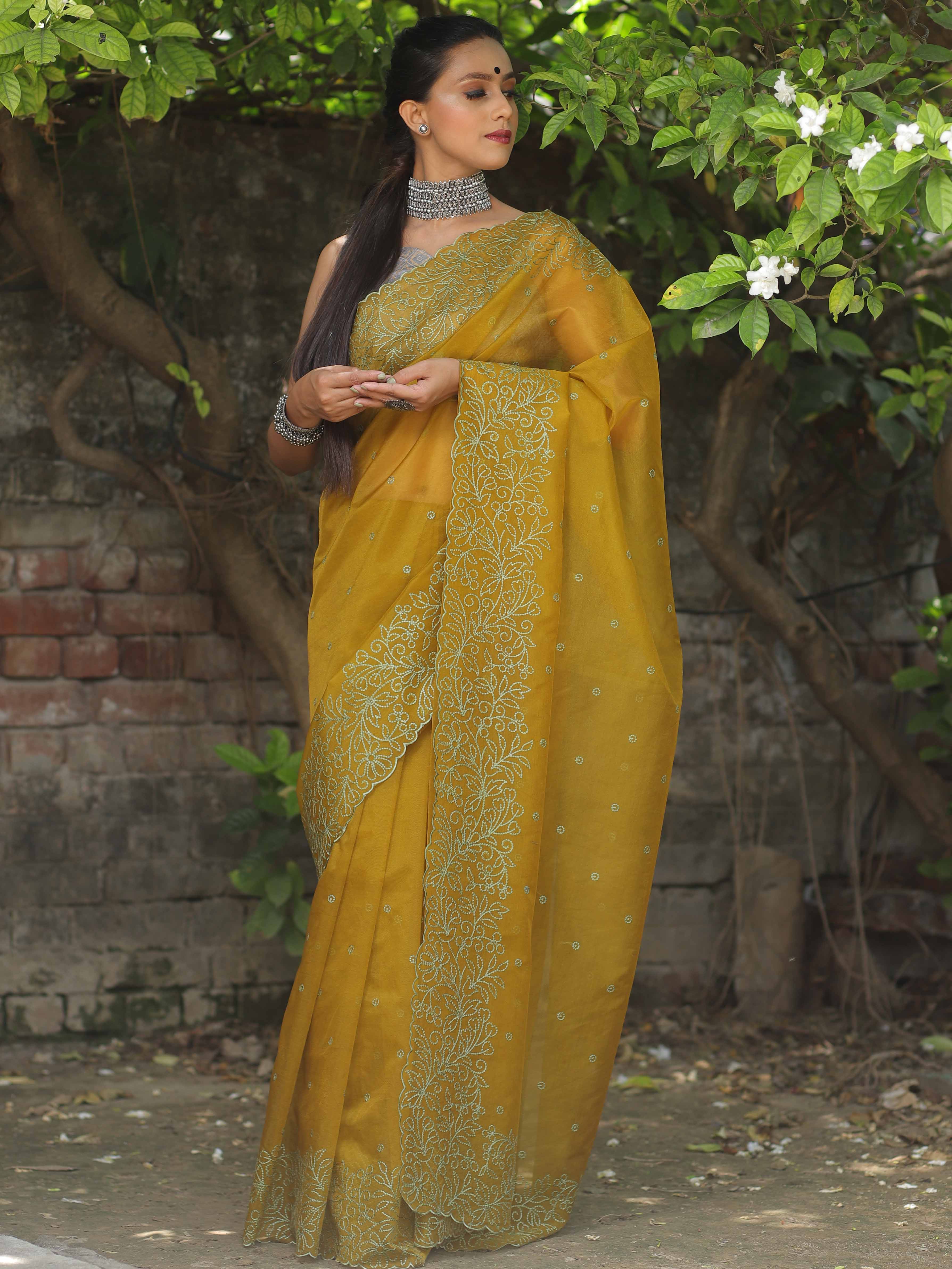 Banarasee Handwoven Organza Silk Floral Embroidered Saree-Olive Green