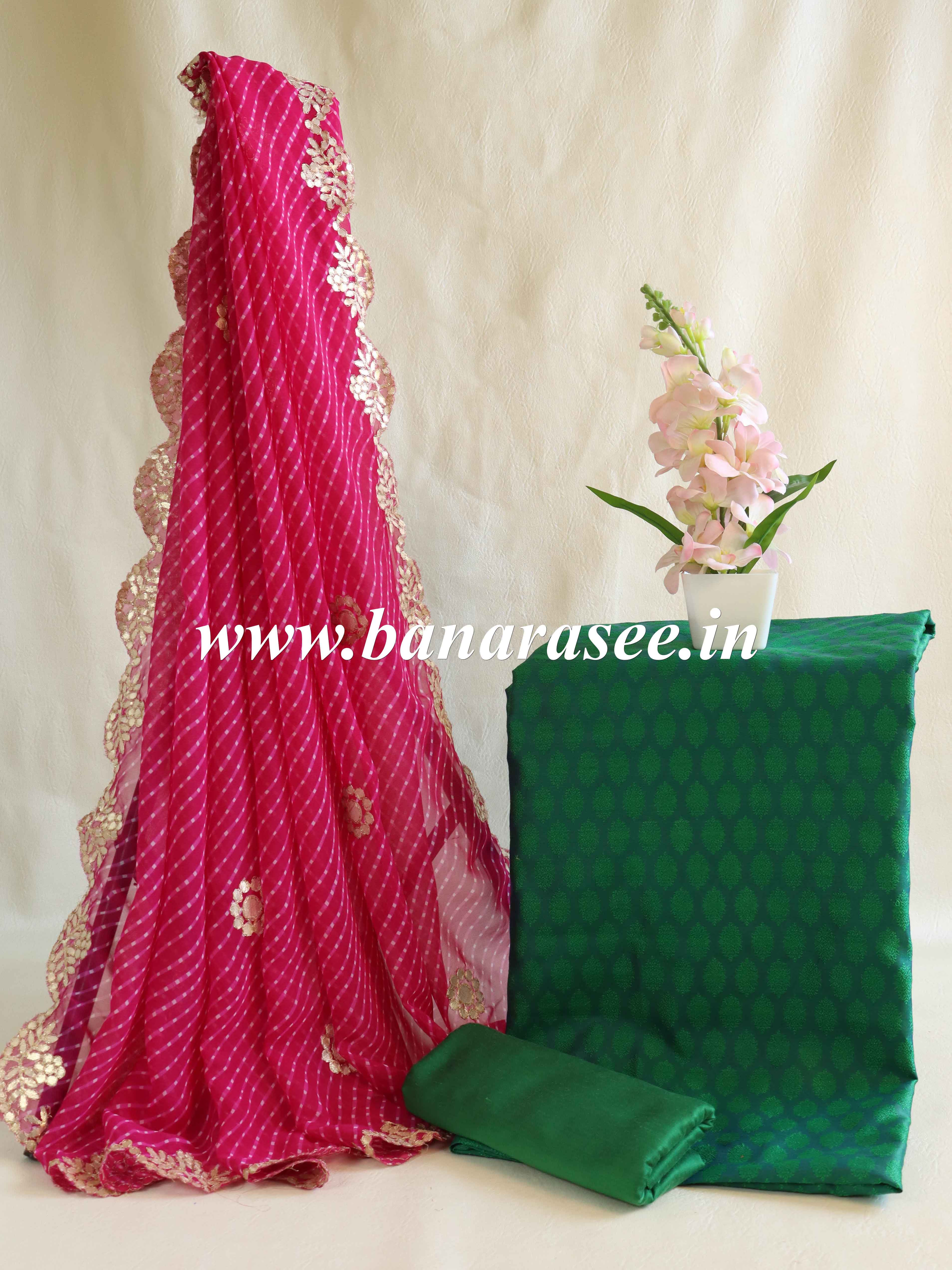 Banarasee Salwar Kameez Brocade Kameez With Gotapatti Leheriya Dupatta-Green & Pink
