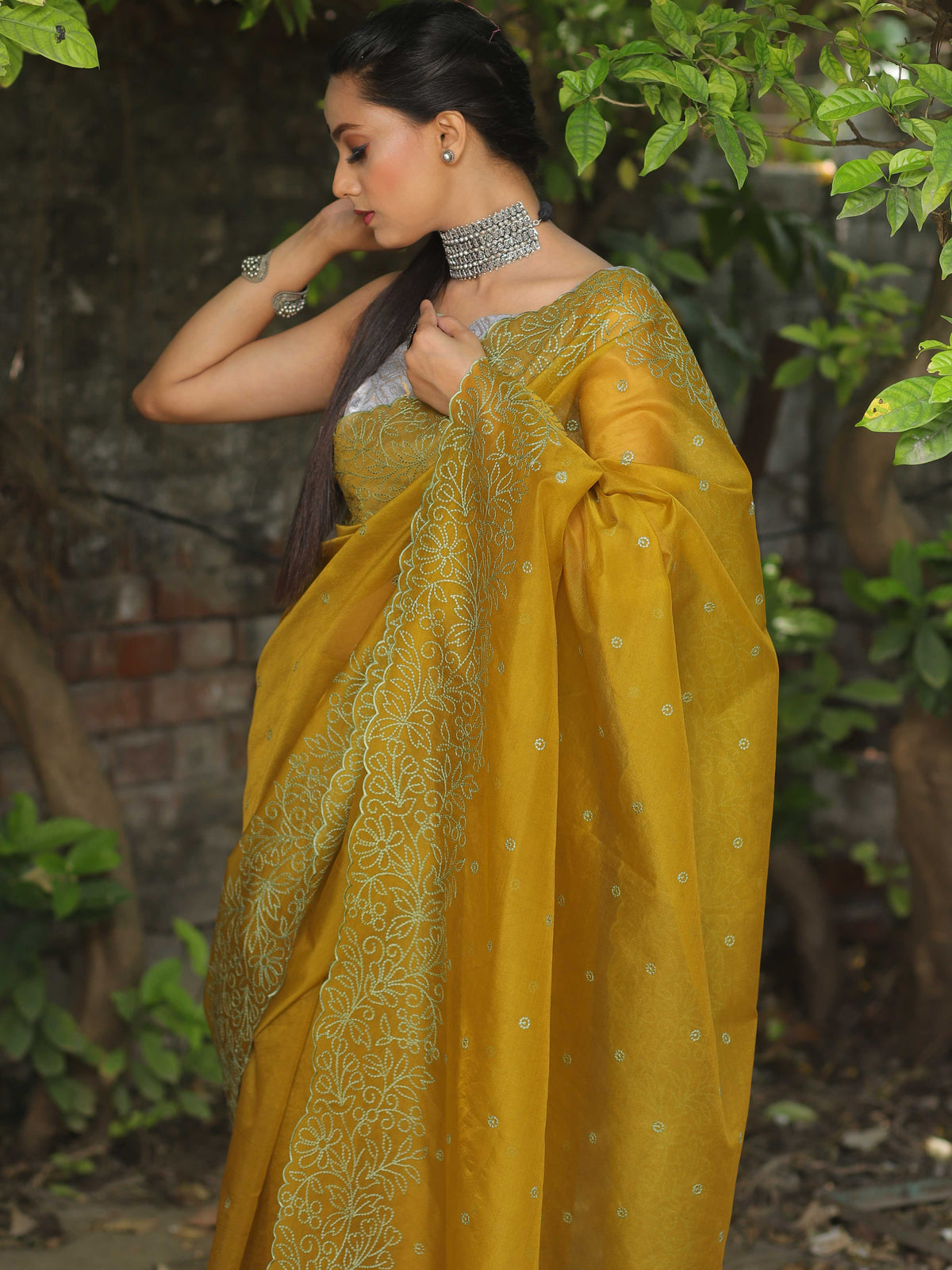 Olive Green Floral Embroidered Saree main image 1