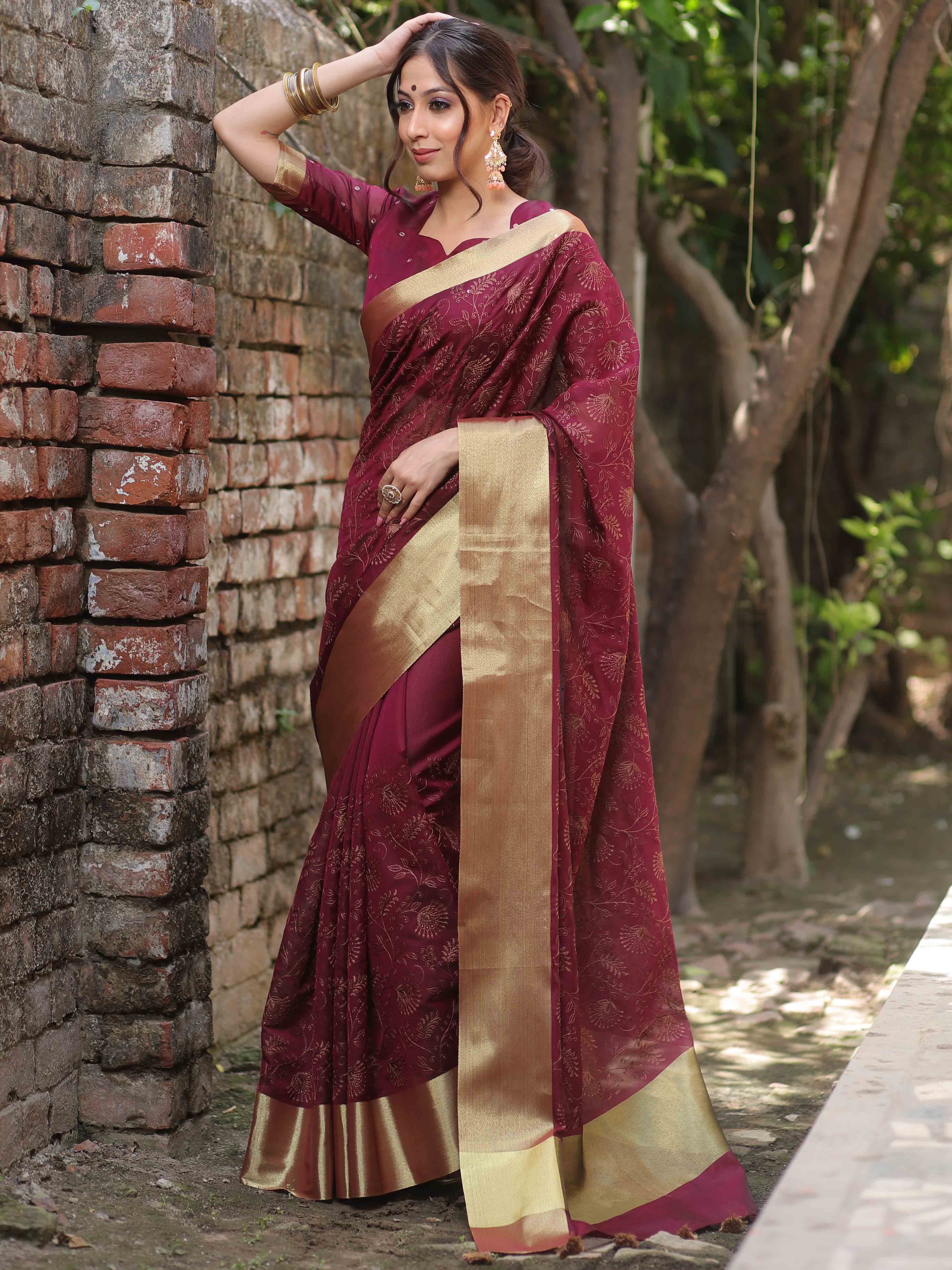 Banarasee Chanderi Cotton Floral Embroidered Saree-Maroon