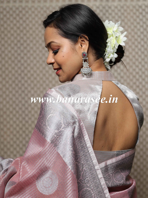 Banarasee Handwoven Broad Border Silver Zari Buta Design Tissue Saree-Pink