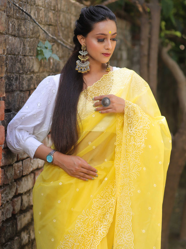 Banarasee Handwoven Organza Silk Floral Embroidered Saree-Yellow