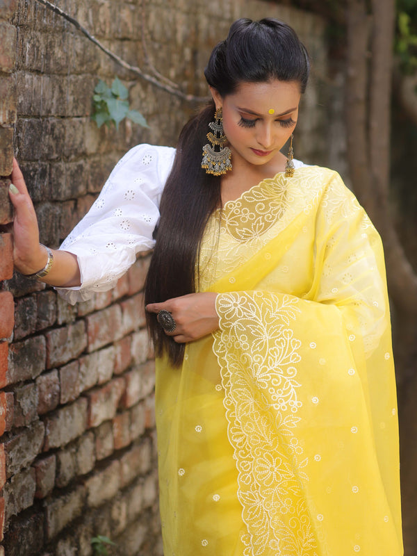 Banarasee Handwoven Organza Silk Floral Embroidered Saree-Yellow