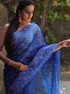Banarasee Handwoven Organza Silk Floral Embroidered Saree-Royal Blue