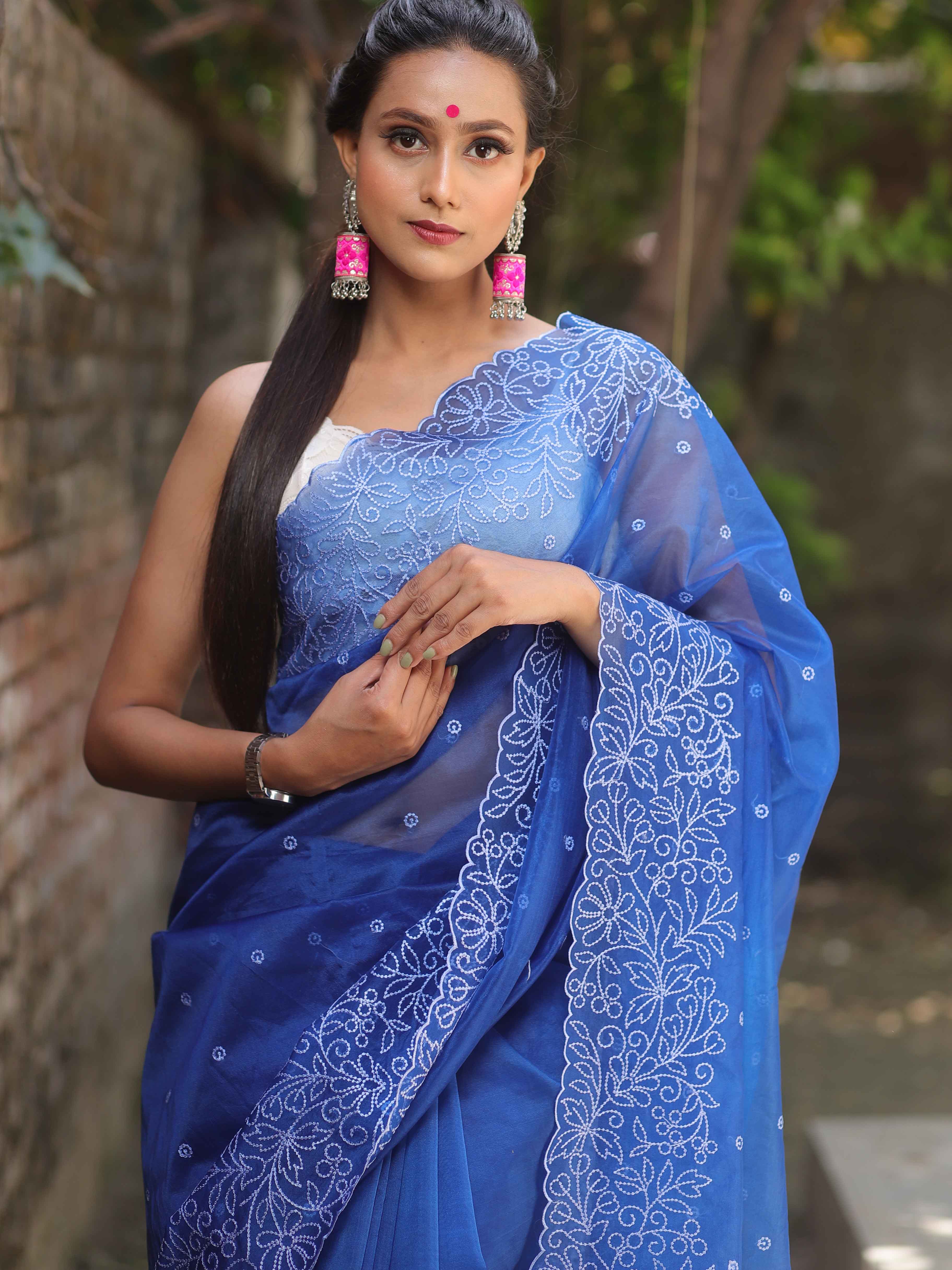 Banarasee Handwoven Organza Silk Floral Embroidered Saree-Royal Blue