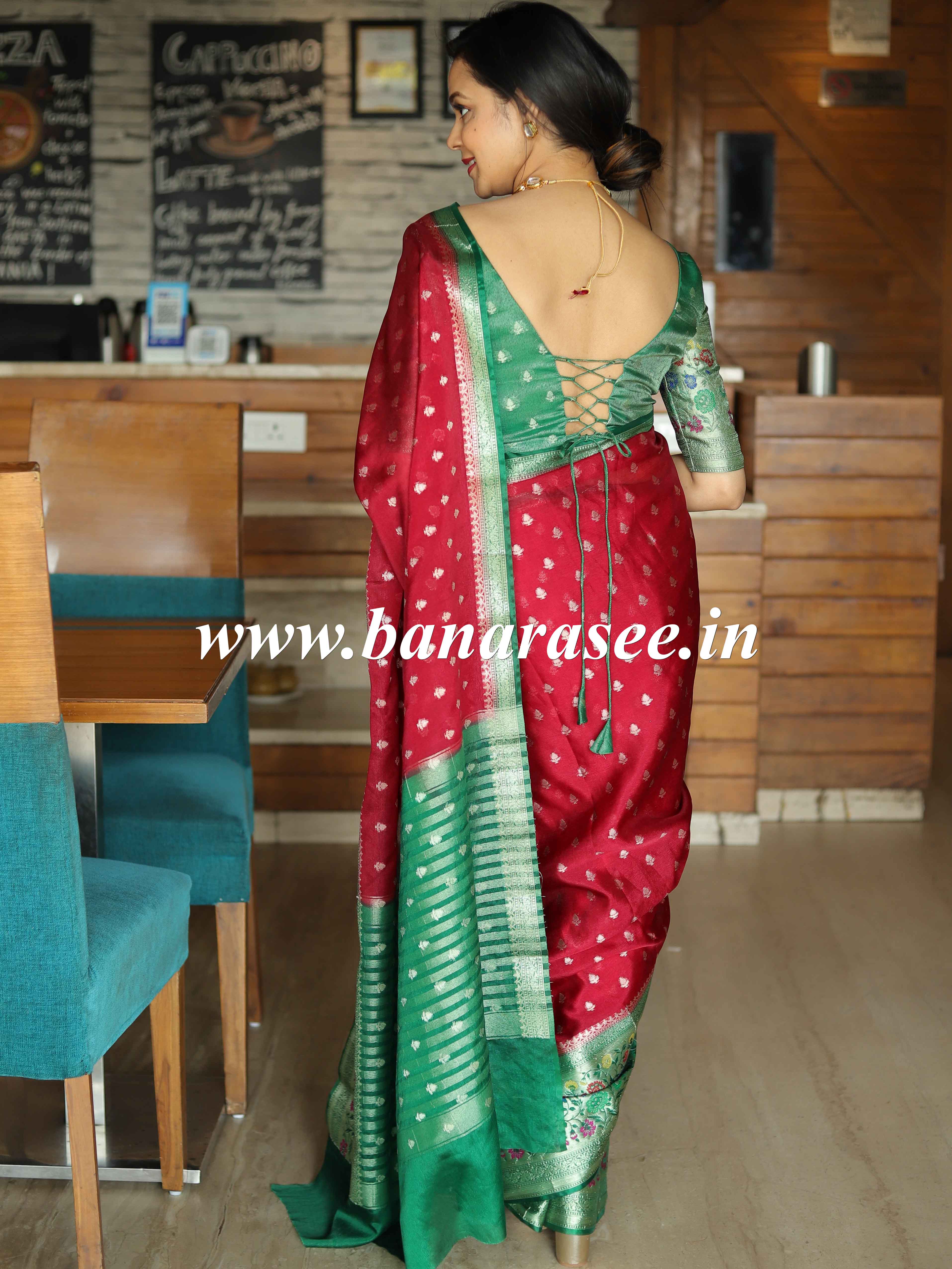 Banarasee Handwoven Semi Silk Saree With Meena Border Design-Maroon & Green