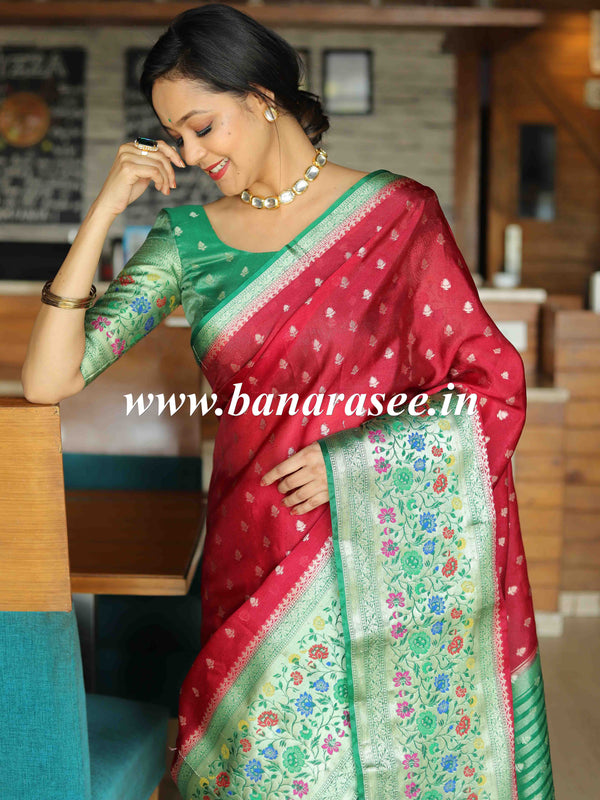 Banarasee Handwoven Semi Silk Saree With Meena Border Design-Maroon & Green