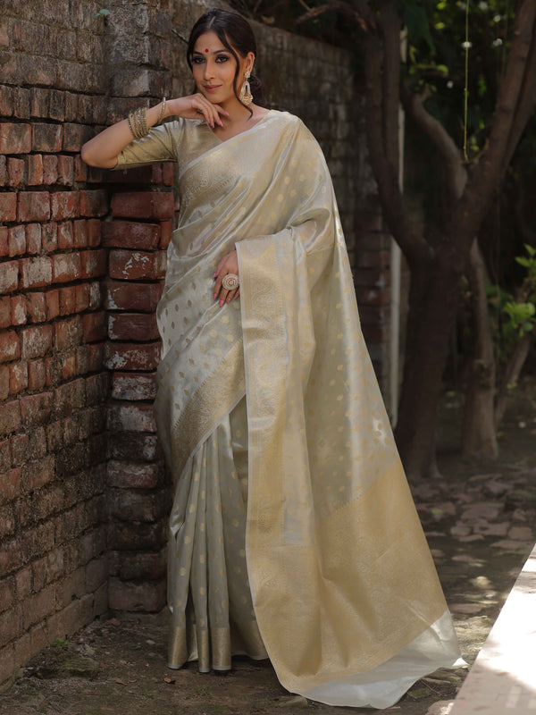 Banarasee Handwoven Tissue Saree With Zari Buti Work-Silver