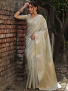 Banarasee Handwoven Tissue Saree With Zari Buti Work-Silver