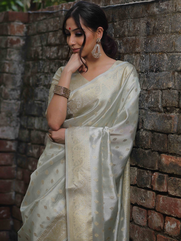 Banarasee Handwoven Tissue Saree With Zari Buti Work-Silver