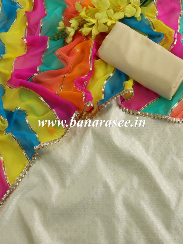 Banarasee Salwar Kameez Brocade Kameez With Gotapatti Leheriya Georgette Dupatta-Cream & Multicolor