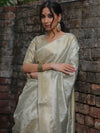 Banarasee Handwoven Tissue Saree With Zari Buti Work-Silver