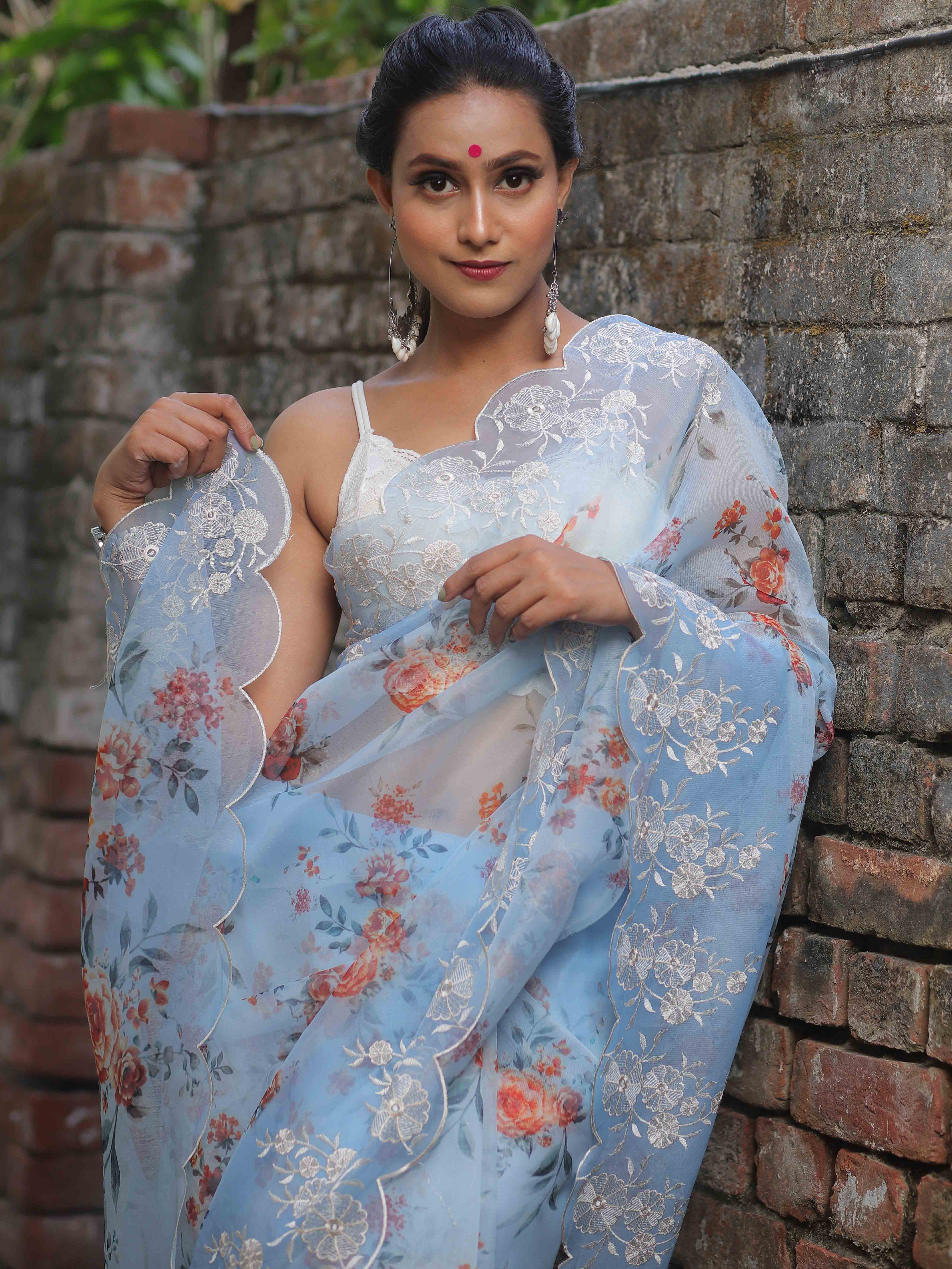 Banarasee Organza Silk Embroidered Saree With Digital Floral Print-Pastel Blue