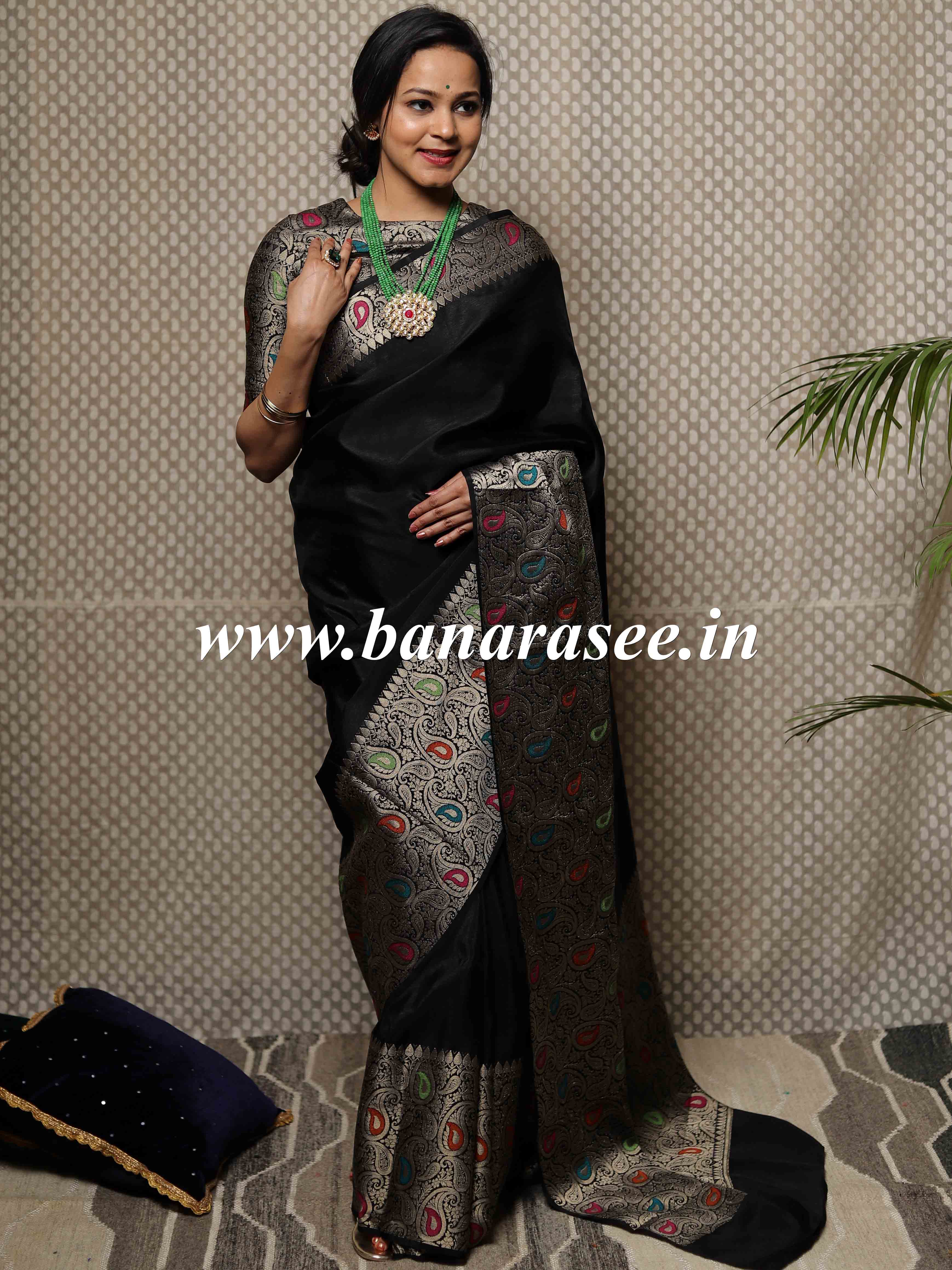 Banarasee Silk Blend Saree With Broad Zari Border & Blouse-Black