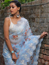 Banarasee Organza Silk Embroidered Saree With Digital Floral Print-Pastel Blue