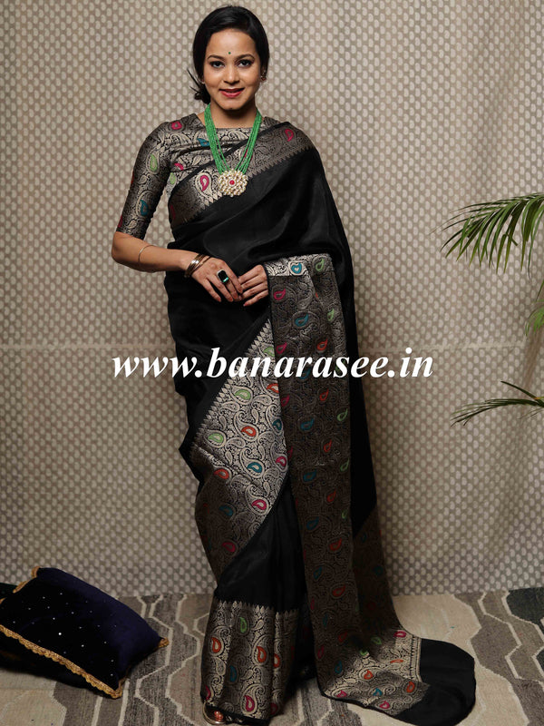 Banarasee Silk Blend Saree With Broad Zari Border & Blouse-Black