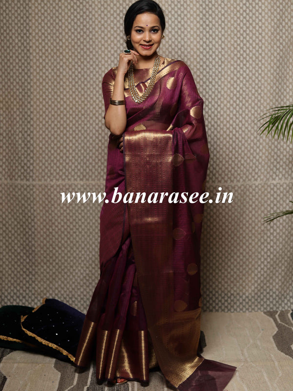 Banarasee Cotton Silk Saree With Antique Zari Buta & Border-Magenta