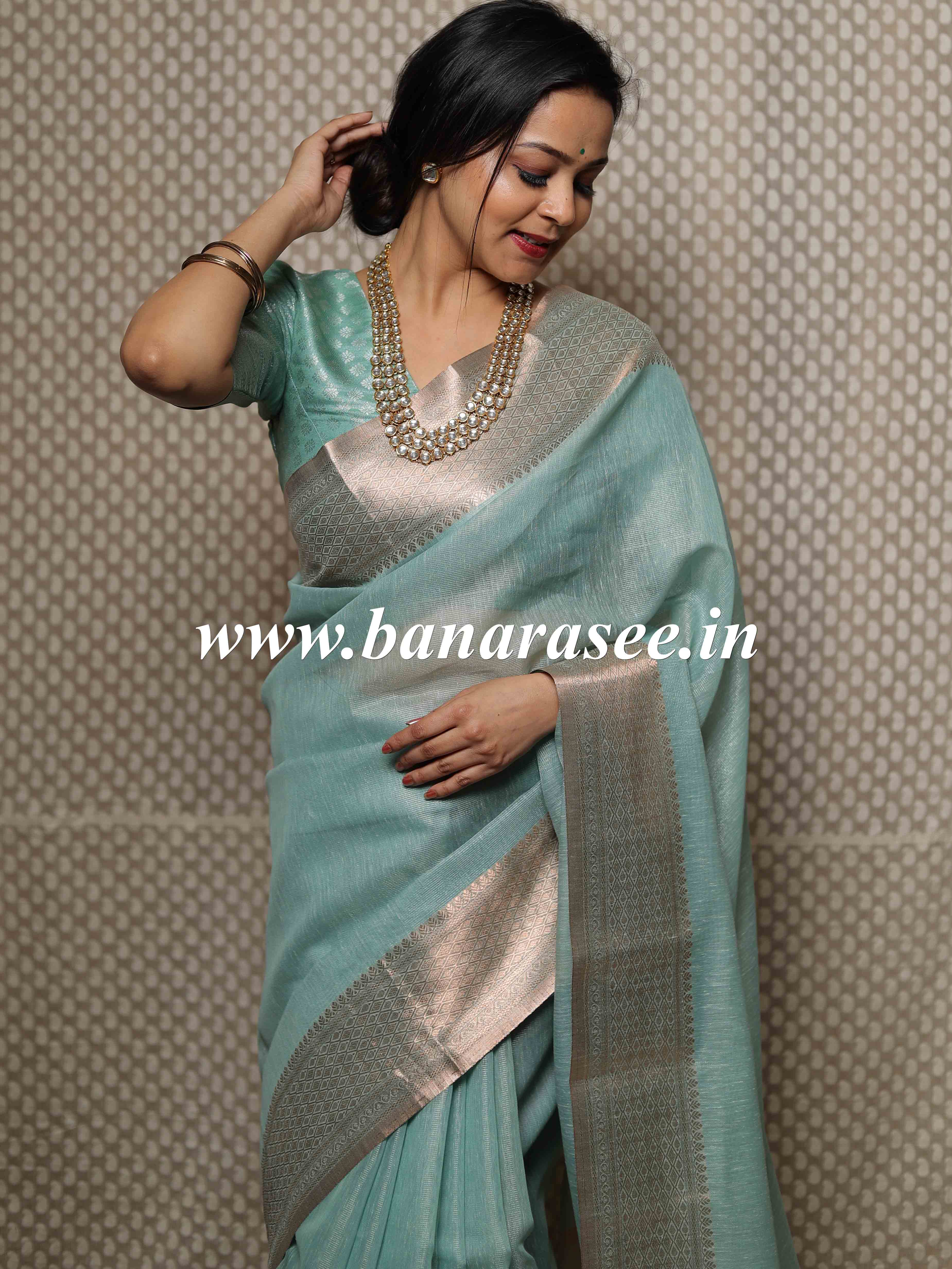 Banarasee Handloom Linen Tissue Copper Zari Border Saree-Green