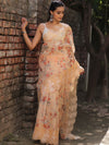 Banarasee Organza Silk Embroidered Saree With Digital Floral Print-Peach