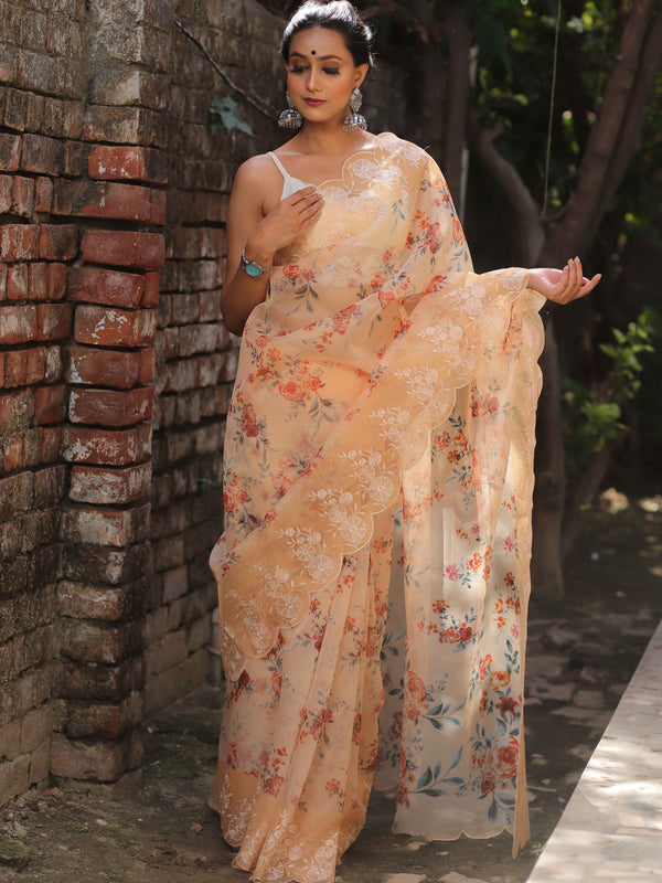 Banarasee Organza Silk Embroidered Saree With Digital Floral Print-Peach