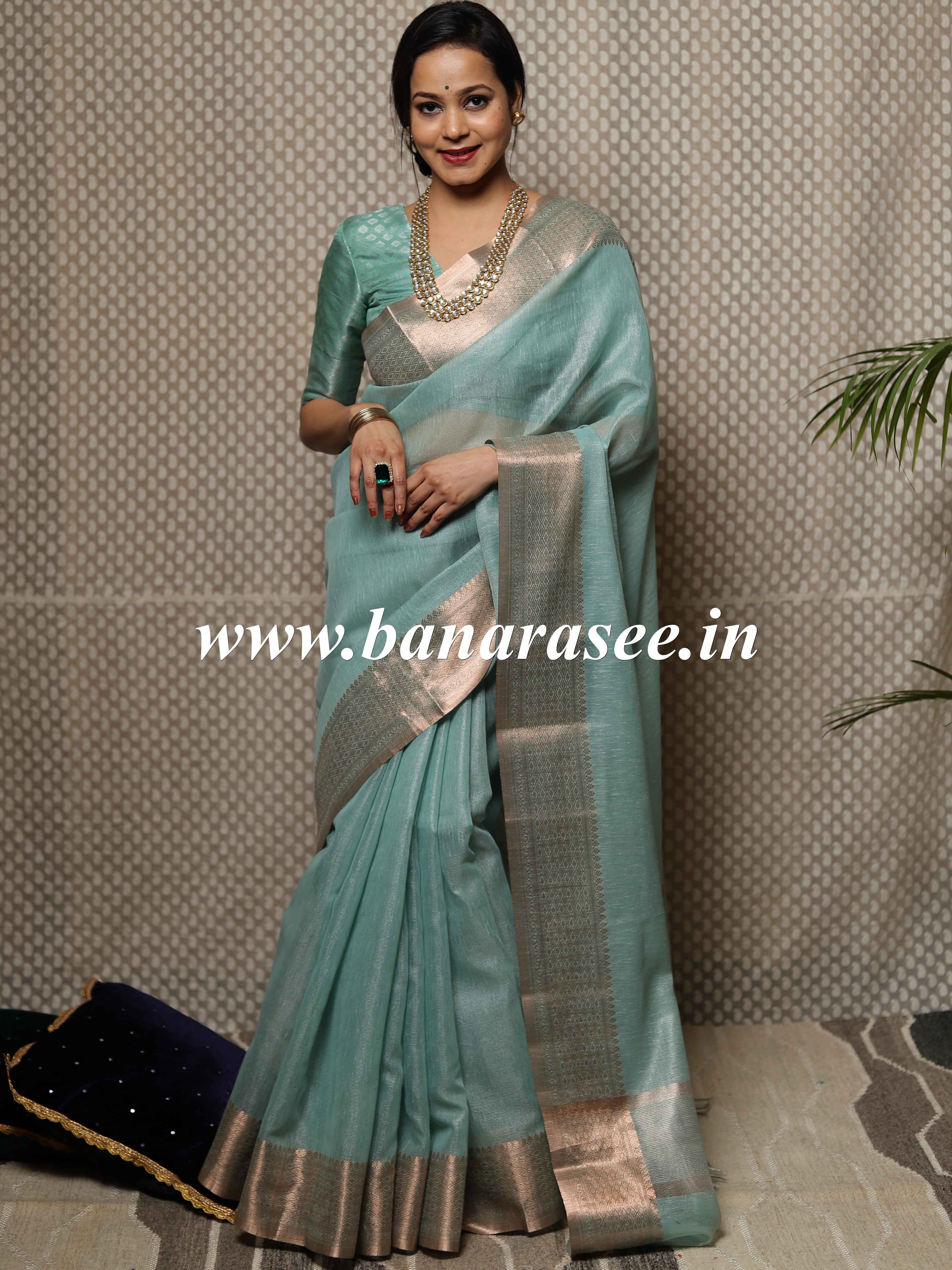Banarasee Handloom Linen Tissue Copper Zari Border Saree-Green