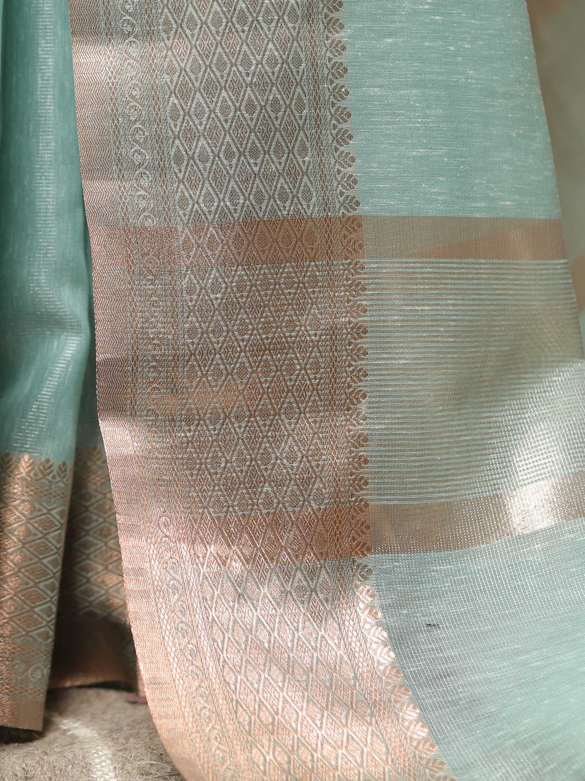 Banarasee Handloom Linen Tissue Copper Zari Border Saree-Green