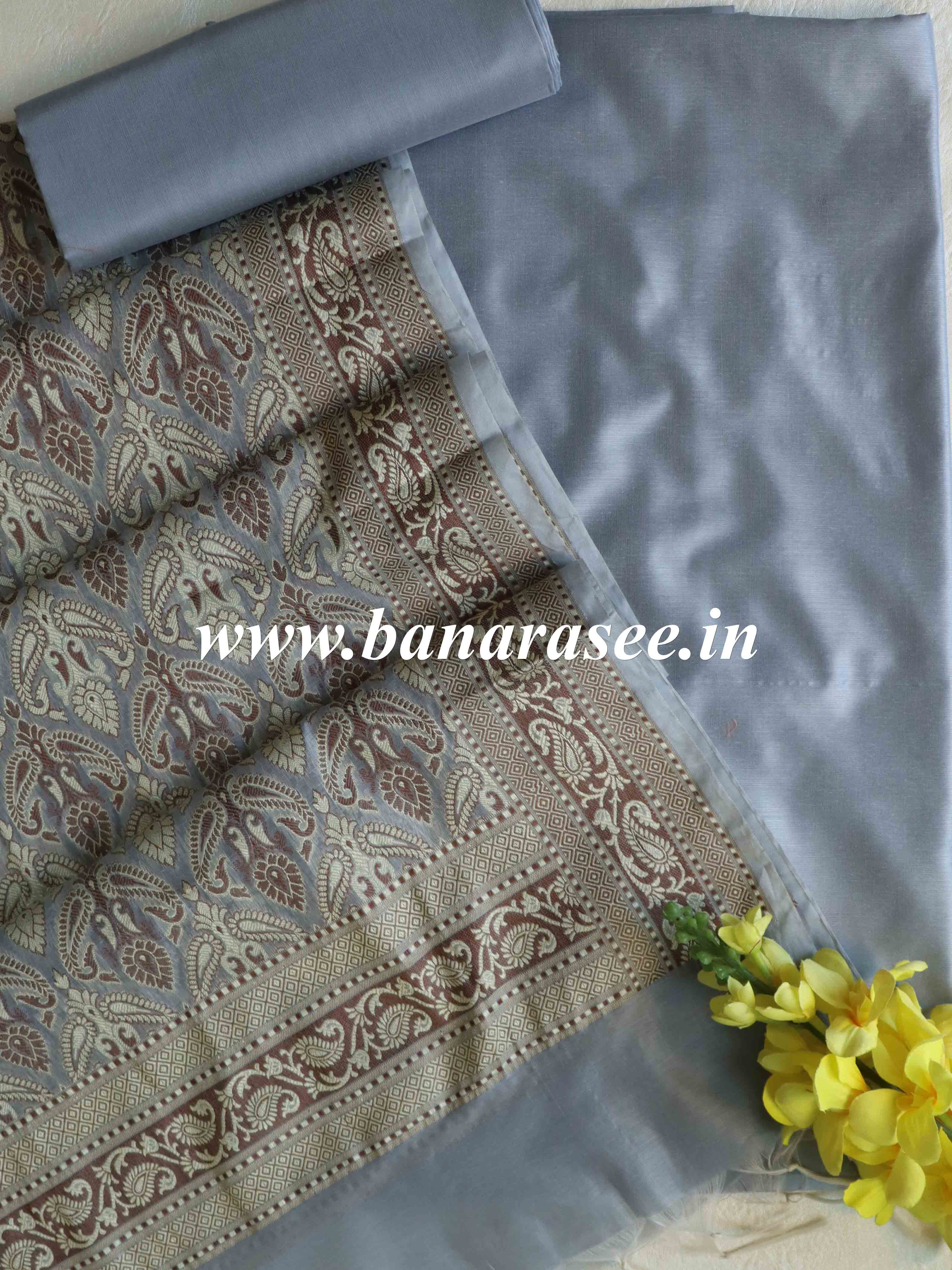 Banarasee Cotton Silk Plain Salwar Kameez Fabric With Resham Jaal Dupatta-Grey