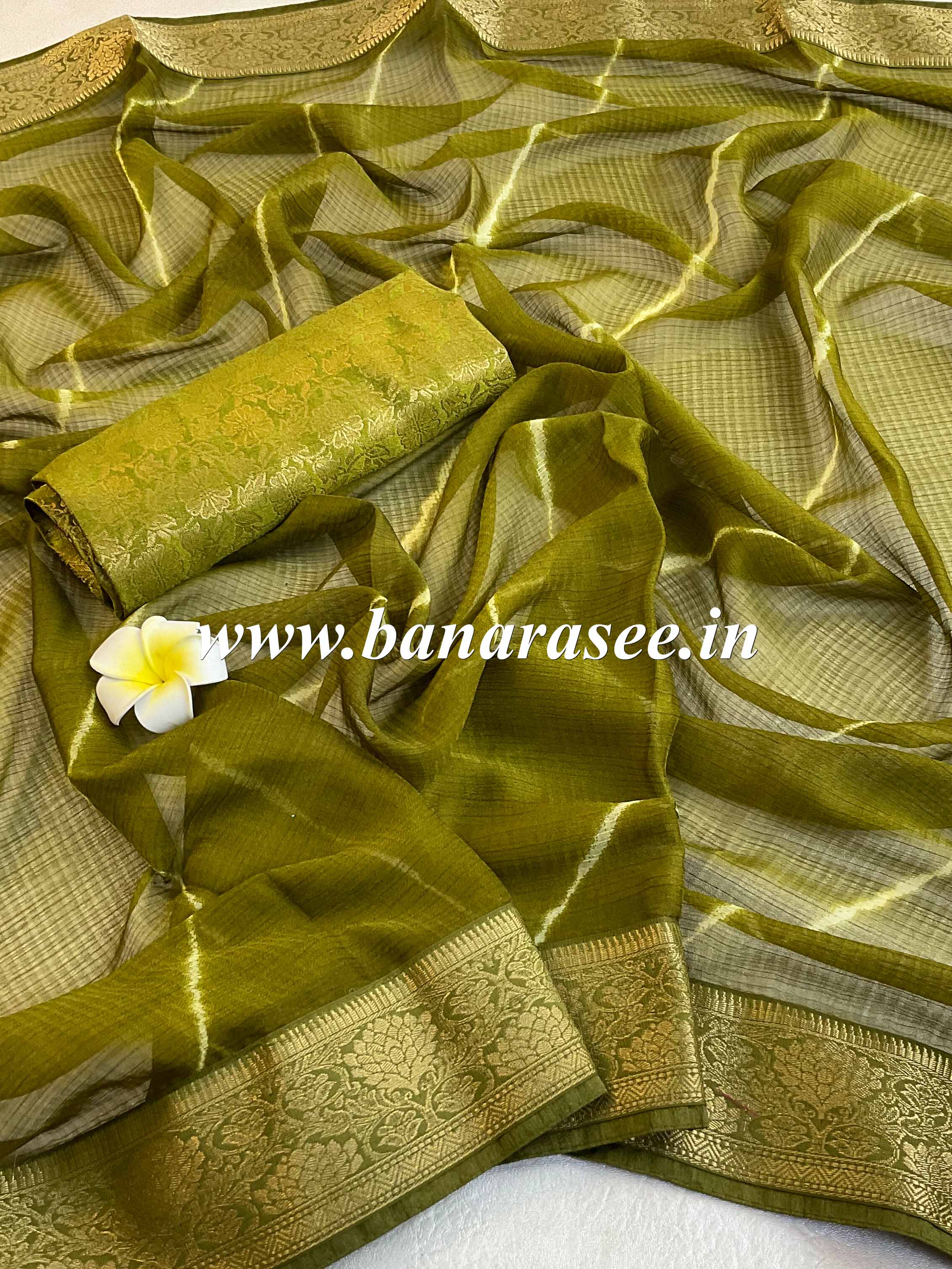 Banarasee Chiffon Blend Saree With Leheriya Body Zari Border & Brocade Blouse-Henna Green
