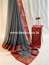 Banarasee Chiffon Blend Saree With Plain Body Zari Border & Brocade Blouse-Grey & Red