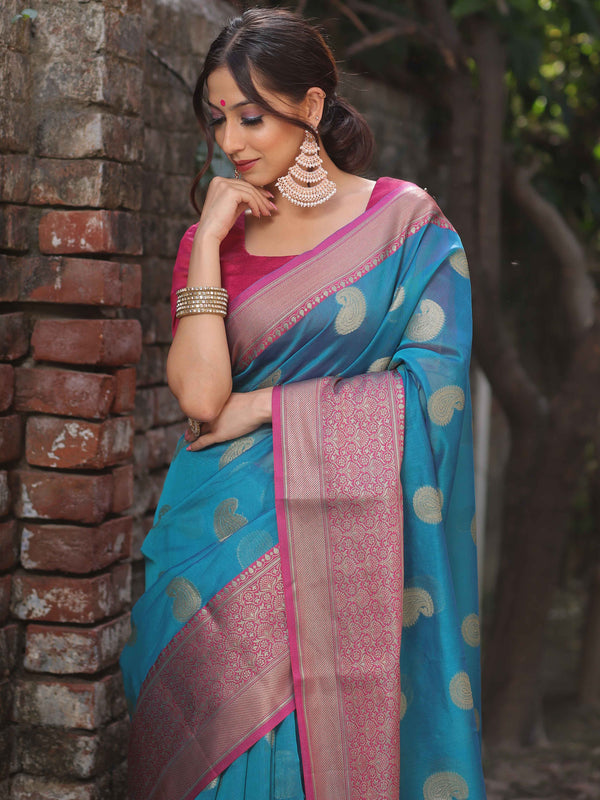 Banarasee Cotton Silk Mix Saree With Zari Paisley Buta-Rama Green