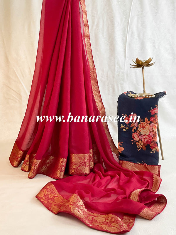 Banarasee Chiffon Blend Saree With Plain Body Zari Border & Printed Blouse-Red & Blue