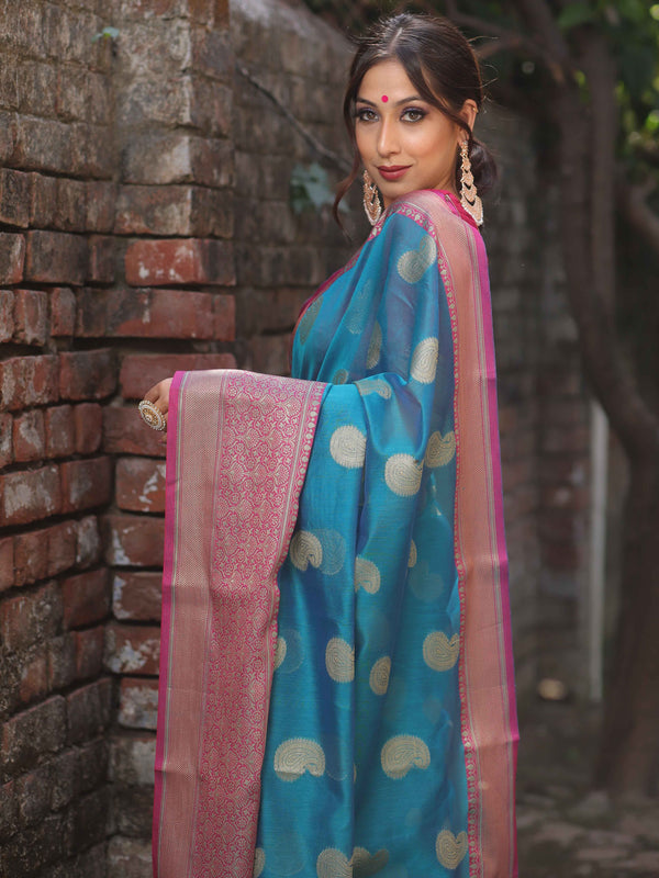 Banarasee Cotton Silk Mix Saree With Zari Paisley Buta-Rama Green