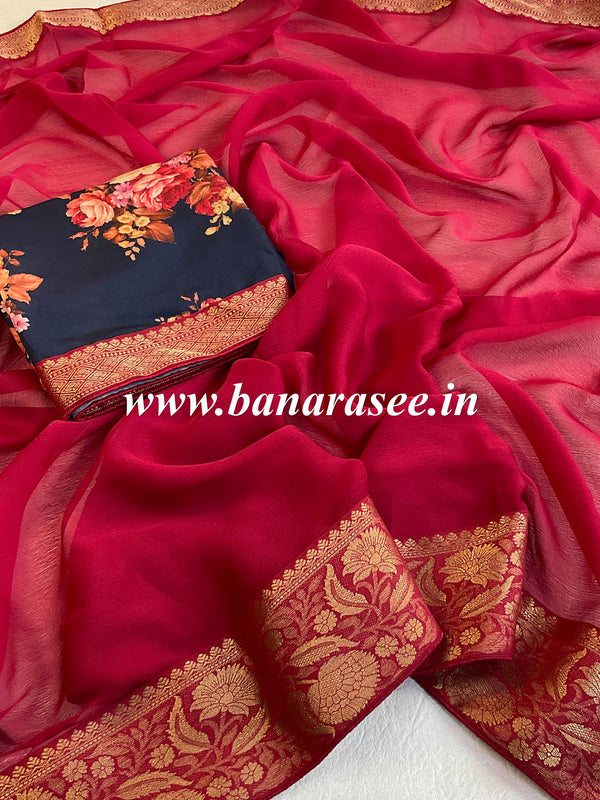 Banarasee Chiffon Blend Saree With Plain Body Zari Border & Printed Blouse-Red & Blue