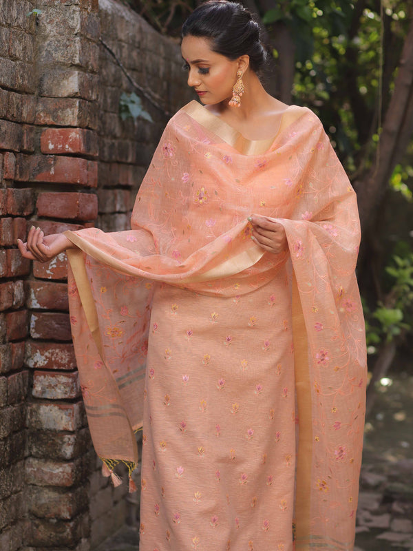 Banarasee Embroidered Linen Tissue Salwar Kameez With Dupatta-Peach