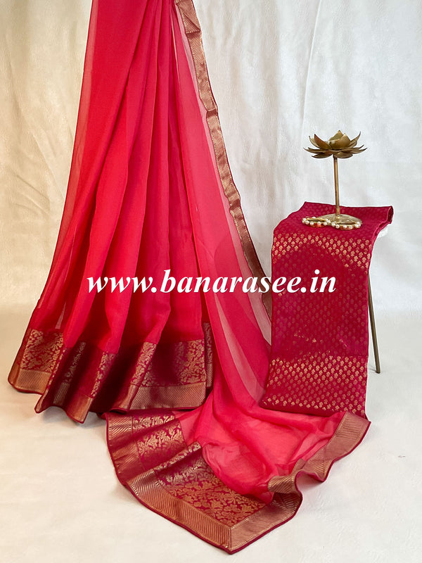 Banarasee Chiffon Blend Saree With Plain Body Zari Border & Brocade Blouse-Pink