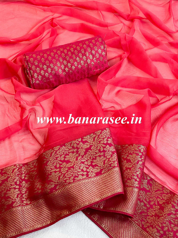 Banarasee Chiffon Blend Saree With Plain Body Zari Border & Brocade Blouse-Pink