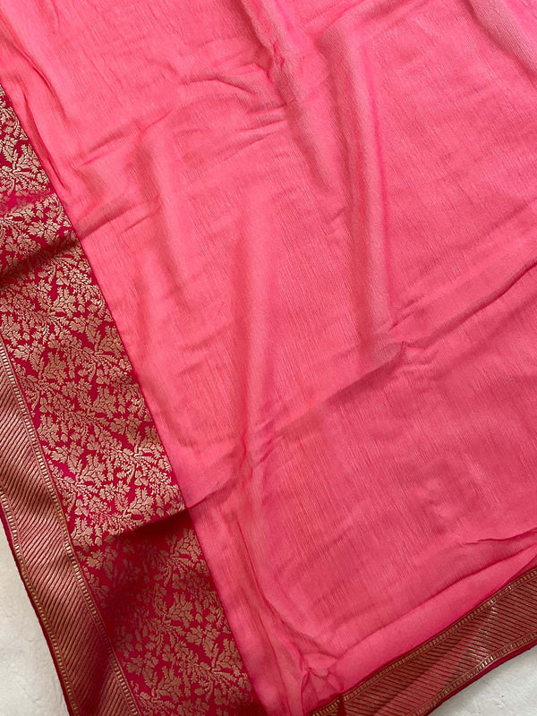 Banarasee Chiffon Blend Saree With Plain Body Zari Border & Brocade Blouse-Pink